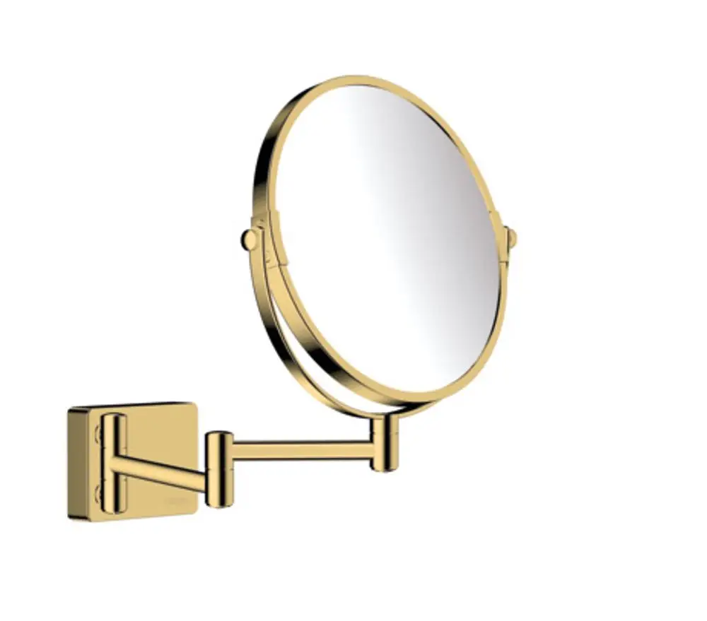 Rasierspiegel mit rundem, doppelseitigem Design, montiert an einer goldenen Wandhalterung, hergestellt von Hansgrohe.